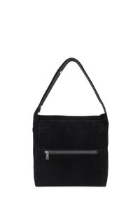 Sac à main en suede noir avec une longue bandoulière, doté d'une poche zippée à l'avant et d'un design minimaliste. Texture lisse et finition douce.