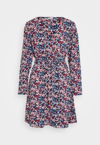 Blommig omlottklänning med långa ärmar, som har en blandning av röda, rosa och blå mönster på en mörk bakgrund. Inkluderar en detaljerad midjeband.