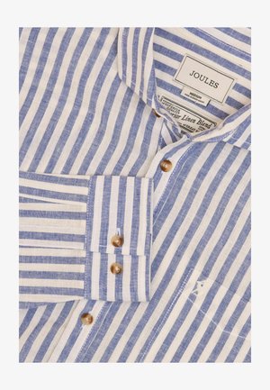 Camicia leggera in misto lino con strisce blu e bianche, colletto arrotondato e bottoni marroni sul davanti e ai polsini.