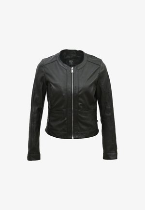 Zwarte leren jas met een ronde halslijn, sluiting met rits aan de voorkant en twee zijzakken. Soepele textuur en een getailleerde pasvorm.
