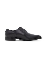 Scarpe eleganti in pelle nera con punta arrotondata, tacco piatto e cinque occhielli per i lacci. Texture liscia, design minimalista e senza branding visibile.