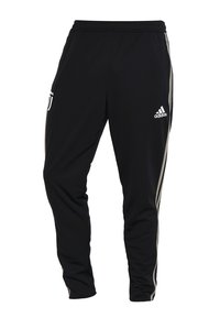 Schwarze Sporthosen aus glattem Material, ausgestattet mit dem weißen Adidas-Logo, dem Juventus-Wappen und kontrastierenden seitlichen Streifen. Mit elastischem Bund.