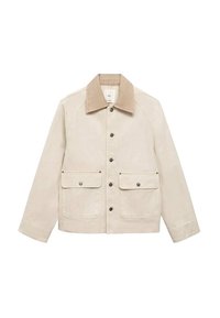 Beige jack met een corduroy kraag, knoopsluiting, twee voorzakken en een boxy vorm. Zachte textuur en een gladde stofafwerking.
