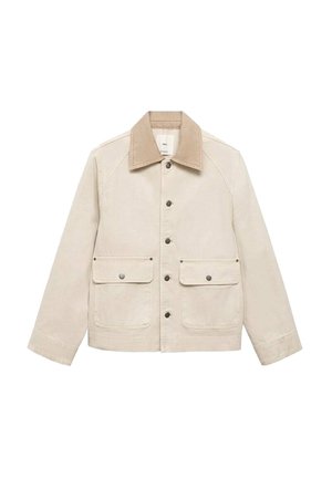 Veste beige avec un col en velours côtelé, fermeture à boutons, deux poches avant et une coupe carrée. Texture douce et finition en tissu lisse.