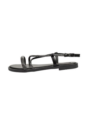 Sandalia plana negra con un diseño elegante, que presenta acentos metálicos y correas texturizadas. Hebilla ajustable para un ajuste seguro. Suela lisa.