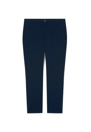 Marineblauwe broek met rechte pijpen, voorste zijzakken, riemlussen en een enkele knoopsluiting op de tailleband.
