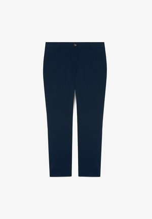 Granatowe spodnie o prostych nogawkach z przednimi bocznymi kieszeniami, szlufkami na pasek i pojedynczym zapięciem na guzik w pasie.