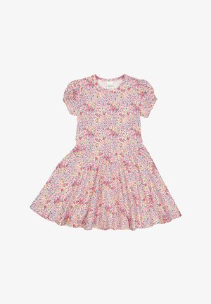 Šaty s krátkým rukávem s růžovým květinovým vzorem a červenými, žlutými a modrými detaily. Rozšířená sukně s řaseným švem pro objem.