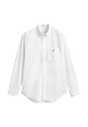 Wit overhemd met knopen, lange mouwen, zachte katoenstof, afgeronde zoom, één borstzak, klein logo op de zak, standaard kraagontwerp.