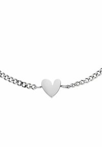 Silberne Kettenarmband mit einem herzförmigen Anhänger, glatter Oberfläche und ineinandergreifenden Gliedern, die ein minimalistisches und elegantes Design bieten.