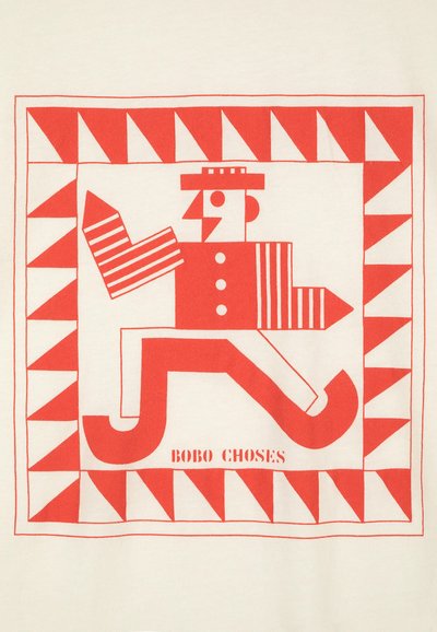 Red graphic of a stylized running figure with stripes, set against a cream background and bordered by triangular patterns. Text: "BOBO CHOSES."