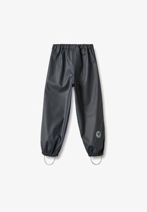 Pantaloni grigi resistenti all'acqua con vita e polsini elastici. Presentano due anelli dorati su ciascun lato e un piccolo dettaglio con logo.