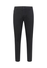 Pantaloni negri dintr-un amestec de bumbac, slim fit, cu închidere prin buton, cinci buzunare și detalii de cusătură subtile. Textură netedă.