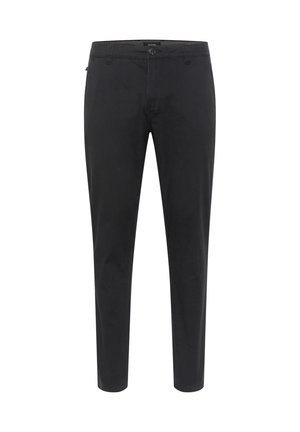 Pantalones negros de mezcla de algodón, corte ajustado, con cierre de botón, cinco bolsillos y detalles de costura sutiles. Textura suave.