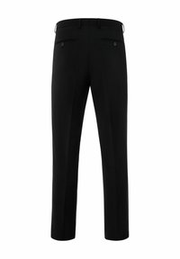 Schwarze Hose mit maßgeschneidertem Design, ausgestattet mit flacher Vorderseite, zwei Gesäßtaschen und Gürtelschlaufen. Hergestellt aus einem glatten Stoff mit dezenter Textur.