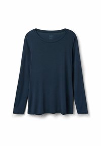 Marineblaues Langarm-T-Shirt aus glattem Stoff, mit rundem Halsausschnitt und einem legeren, geraden Schnitt ohne zusätzliche Muster oder Akzente.
