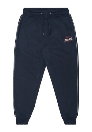 Marineblauwe joggerbroek met elastische tailleband en trekkoord, zijzakken, witte zijstrepen en rood Lonsdale London-logo op de linker dij.