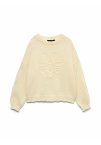 Kremowy, dziergany sweter o okrągłym dekolcie, z oversize'owymi rękawami i wyróżniającym się haftowanym wzorem z przodu. Miękka faktura.