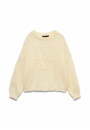 Kremowy, dziergany sweter o okrągłym dekolcie, z oversize'owymi rękawami i wyróżniającym się haftowanym wzorem z przodu. Miękka faktura.