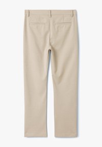 Beige broek met een gladde textuur, slim fit en twee achterzakken. De tailleband heeft riemlussen.