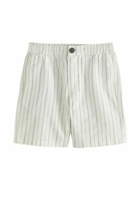 Light gray linen shorts with thin vertical stripes, elastic waistband, and a single button closure. Features two side pockets.