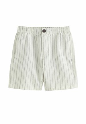 Lichtgrijze linnen shorts met dunne verticale strepen, elastische tailleband en een enkele knoopsluiting. Voorzien van twee zijzakken.