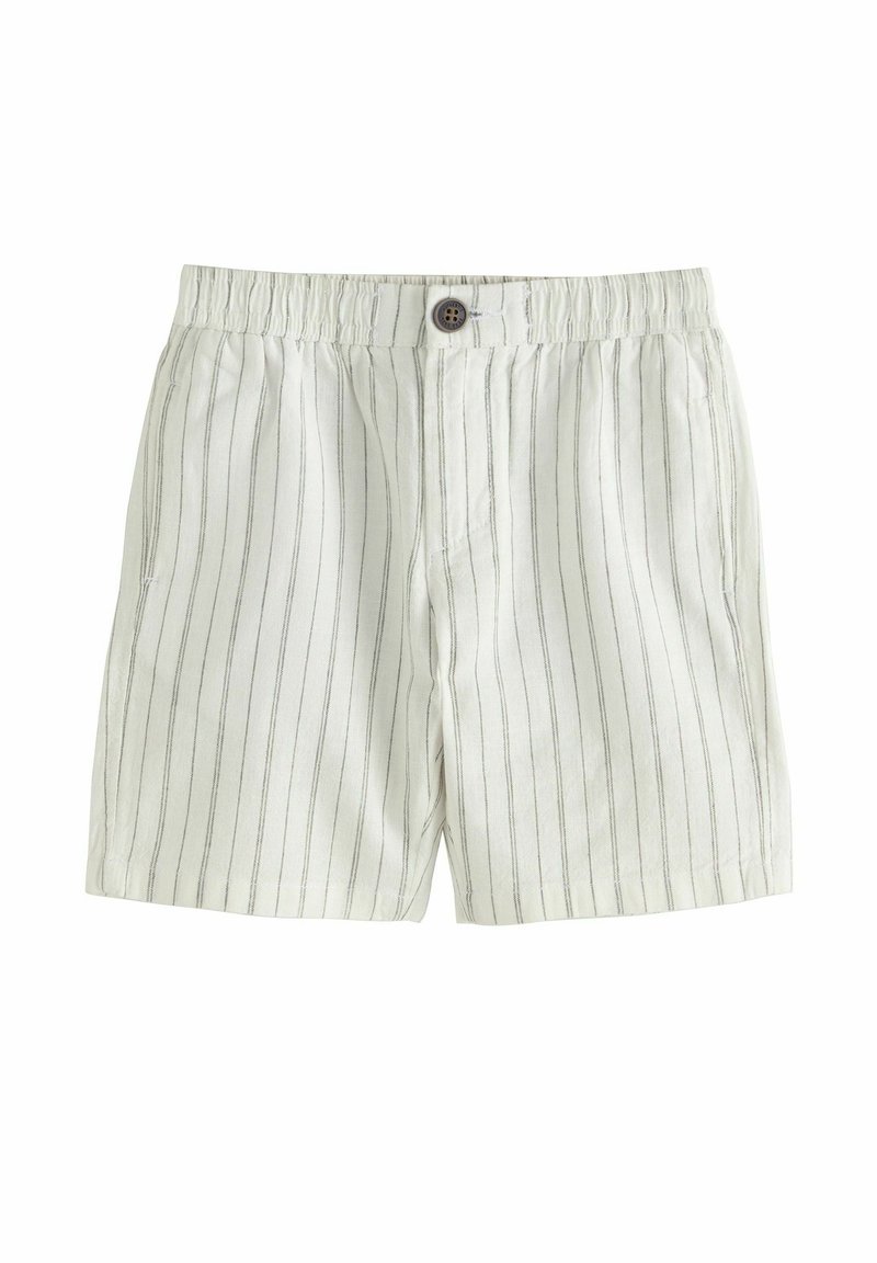 Light gray linen shorts with thin vertical stripes, elastic waistband, and a single button closure. Features two side pockets.