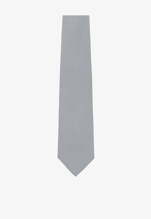 Gray tie with a textured pattern and subtle diagonal stripes, finished with a pointed tip. Made from a smooth fabric.