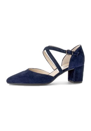 Marineblaues Wildleder-Pumps mit spitz zulaufender Zehenpartie, Kreuzriemen-Design, verstellbarem Schnallenverschluss und einem klobigen Blockabsatz.