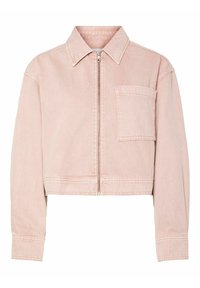 Lyserød cropped denimjakke med lange ærmer, en krave og en lynlås foran. Har en brystlomme og syning detaljer.