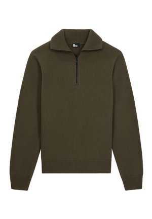 Olivgrüner Strickpullover mit langen Ärmeln, halbzipper vorne, gerippten Bündchen und Saum sowie einem hochstehenden Kragen.