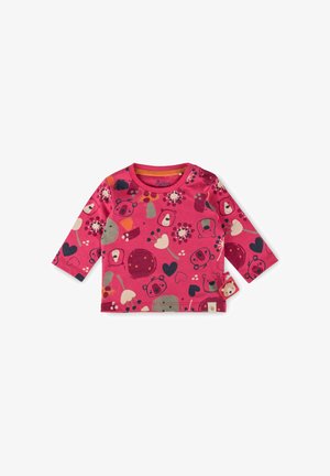 Camicia a maniche lunghe in cotone rosa brillante con motivi di orsi, fiori e cuori. Presenta un collo tondo e un’etichetta laterale.