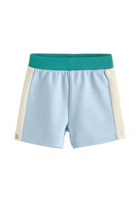 Light blue shorts with wide cream side stripes and a ribbed dark teal elastic waistband, flat on a white background.