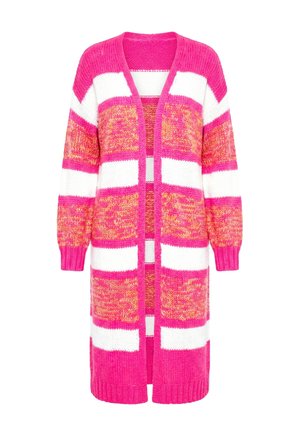 Langer Strickcardigan mit offenem Vorderteil und auffälligen horizontalen Streifen in Pink, Weiß und Orange, mit gerippten Bündchen und Saum.