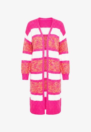 Langer Strickcardigan mit offenem Vorderteil und auffälligen horizontalen Streifen in Pink, Weiß und Orange, mit gerippten Bündchen und Saum.
