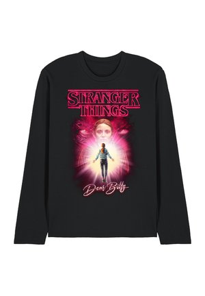 Black long-sleeve shirt with "Stranger Things" text, a glowing figure floating, and a large face in the background with "Dear Billy" script below.