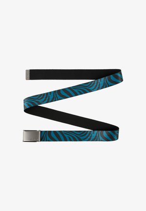Elastische riem met een zwarte band met een turquoise en zwart zebra-print patroon, afgewerkt met een zilveren metalen gesp.