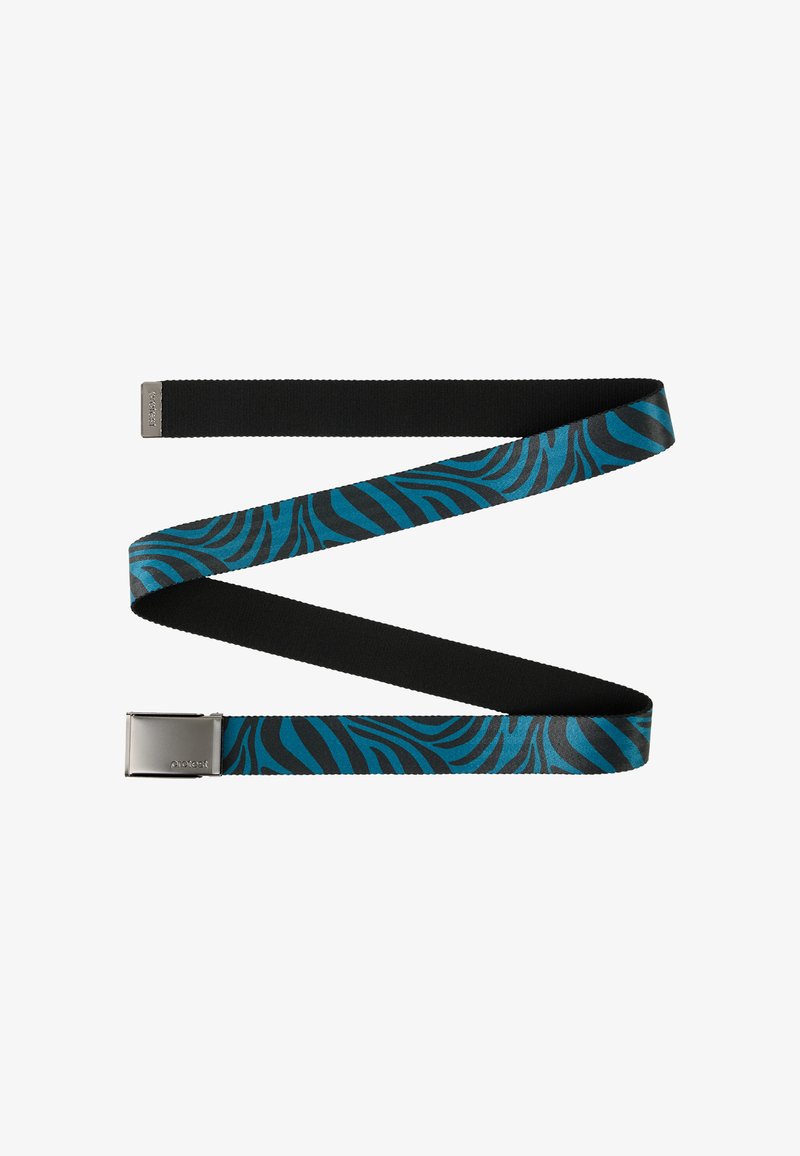 Ceinture élastique avec une sangle noire ornée d'un motif zèbre turquoise et noir, complétée par une boucle en métal argenté.