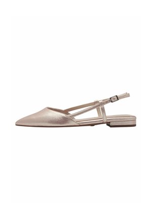 Pointed-toe slingback flats in metallic rose gold. Smooth texture with an adjustable strap and a low block heel. Minimalist design details.