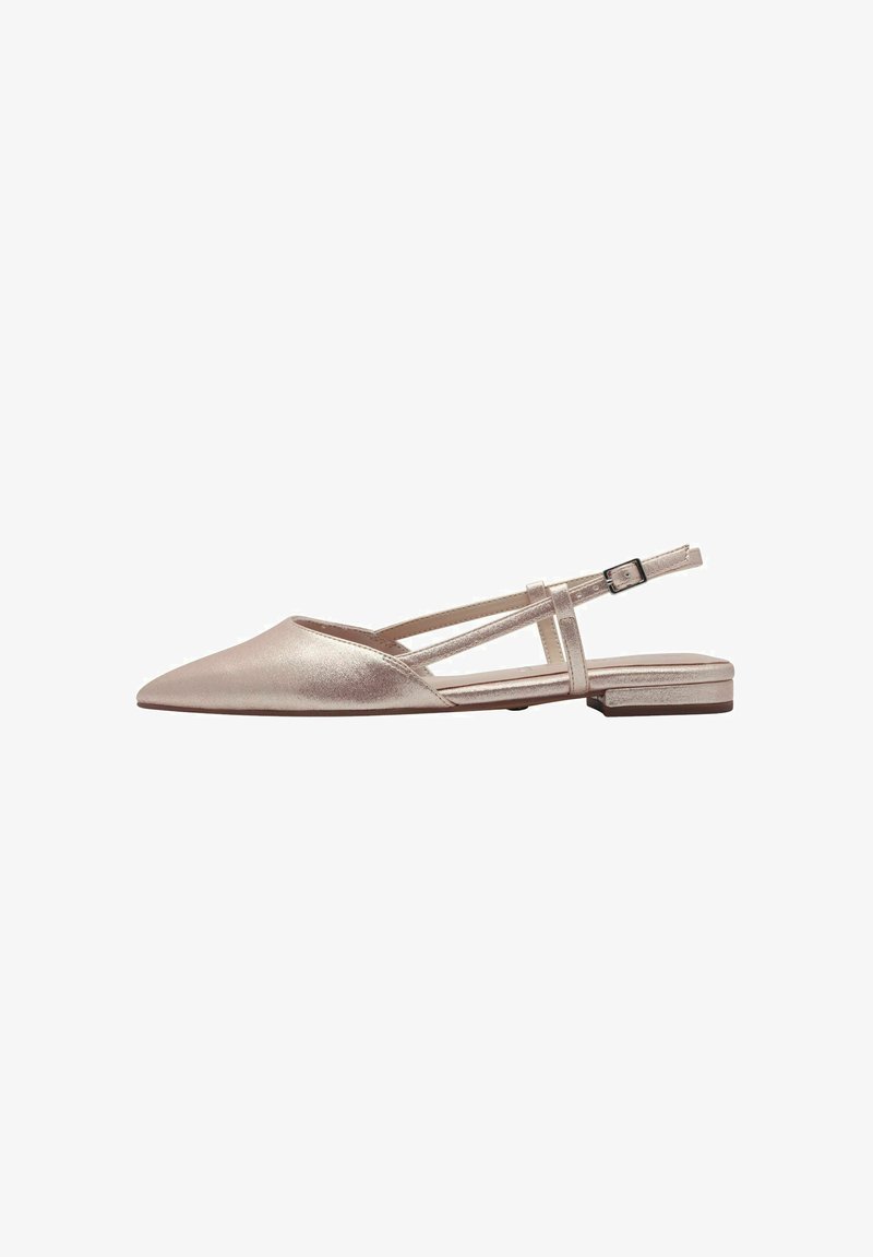 Pointed-toe slingback flats in metallic rose gold. Smooth texture with an adjustable strap and a low block heel. Minimalist design details.