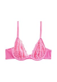 Pink lace bralette featuring sheer lace cups, adjustable straps, and a soft fabric band. Delicate floral pattern on the lace adds detail.