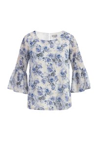 Blomsterbluse med trekvart lange flared ærmer, med en lys crème baggrund og blå og grå rose-mønstre. Rund halsudskæring og uden lukninger.