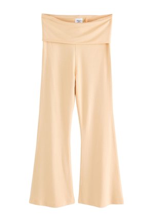 Pantalon beige à taille rabattue, jambes larges, en tissu lisse avec une coupe légèrement évasée en bas.