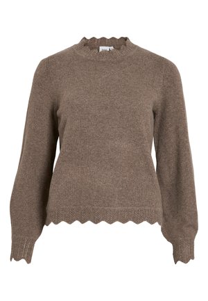 Brun stickad tröja med en scalloped halsringning och nederkant, med långa ärmar och en texturerad design. Mjukt material med ett mysigt utseende.