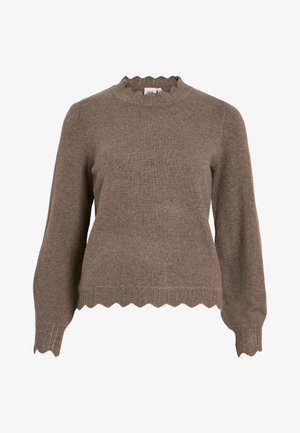 Rjava pletena jopica z valovitimi robovi na vratu in spodnjem robu, dolge rokave in teksturiran dizajn. Mehka materiala s prijetnim videzom.