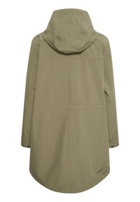 Giacca impermeabile verde oliva con cappuccio, caratterizzata da una vestibilità dritta, chiusura a bottoni nascosta e design senza cuciture sul retro.