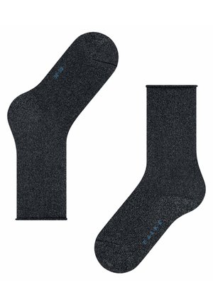 Schwarze glitzernde Knöchelsocken aus weichem Material mit glatter Textur; besitzen einen gerippten oberen Rand und ein in Blau bedrucktes Logo.