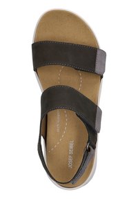 Ciemnoszare sandały z podwójnymi paskami, wyprofilowanym wkładem i wsparciem dla łuku stopy. Posiadają regulowany klamrę oraz białą gumową podeszwę.