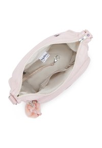 Borsa a tracolla in pelle rosa con chiusura a zip, tasca interna e un morbido dettaglio pom-pom. Rivestita in tessuto chiaro con etichetta del marchio all'interno.