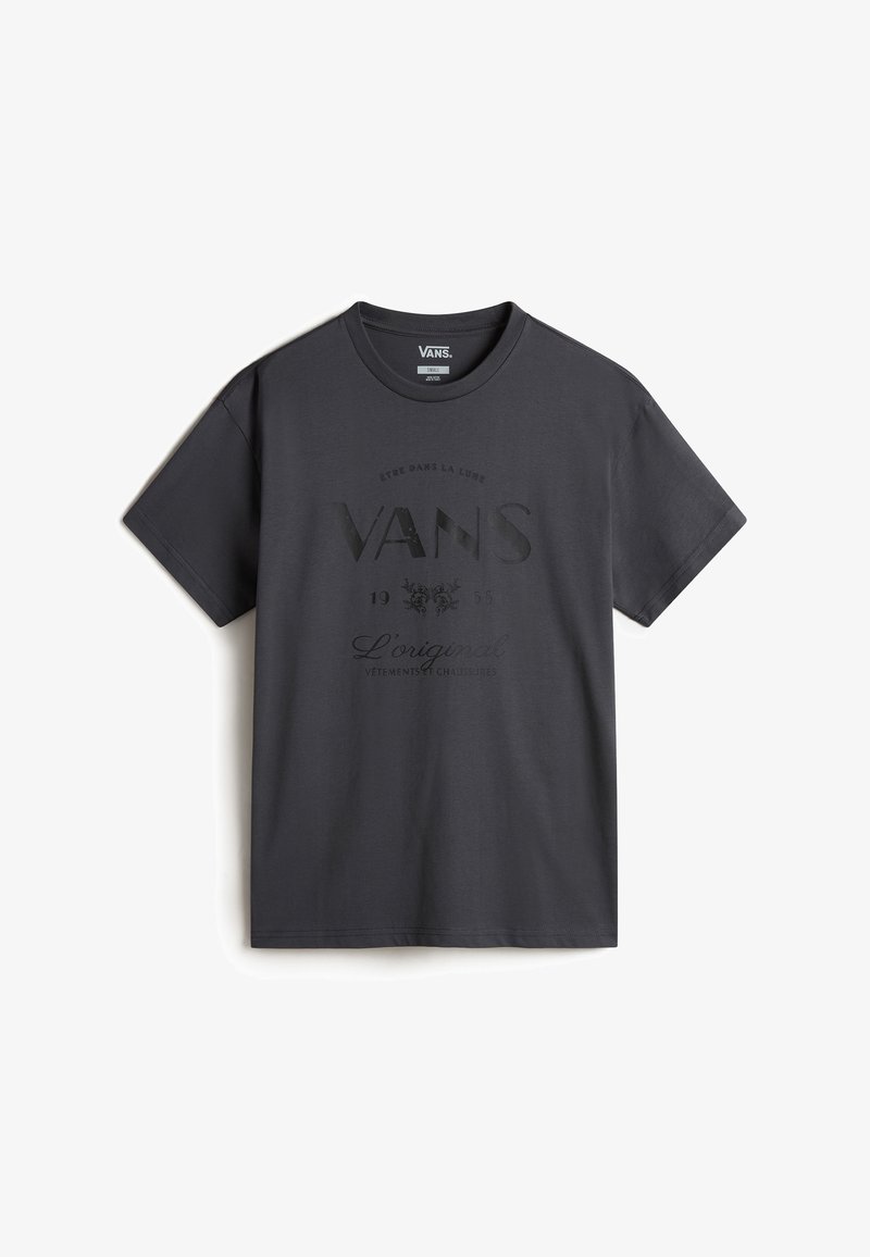 T-shirt en coton gris foncé à manches courtes, avec un logo noir mat imprimé et un texte descriptif. Col rond classique.